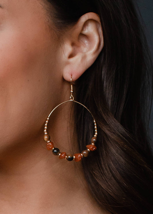 Gold, Red & Brown Beaded Dangle Earrings