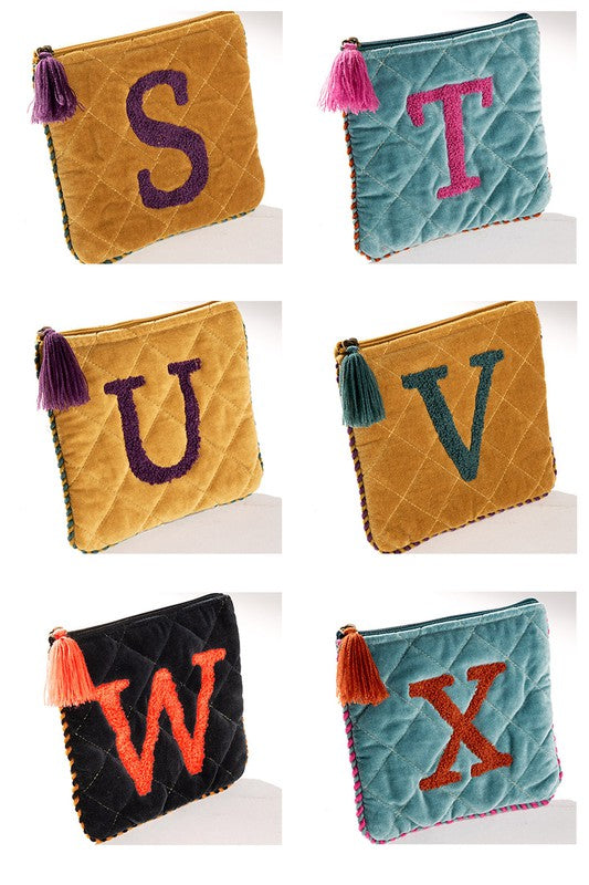 Hand Embroidered Initial Velvet Pouch