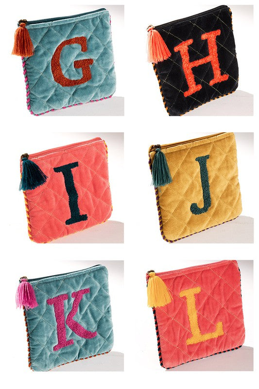 Hand Embroidered Initial Velvet Pouch