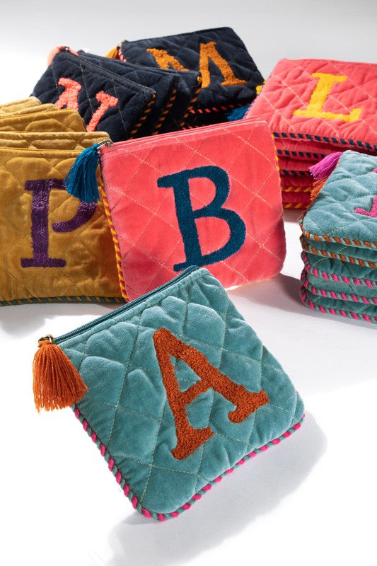 Hand Embroidered Initial Velvet Pouch