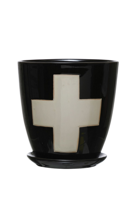 Stoneware Swiss Cross Planter & Saucer